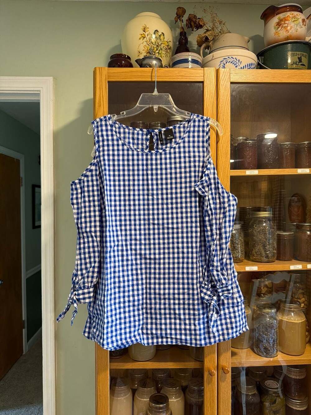 New Directions XL Blue Gingham Cold Shoulder Tie-Sleeve Cotton Blouse